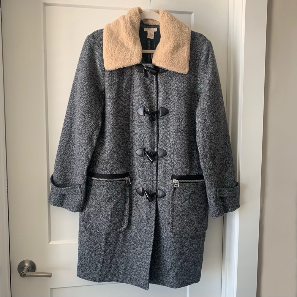 Sundance mid-weight wool coat zip+toggle closure, shearling style collar NWOT